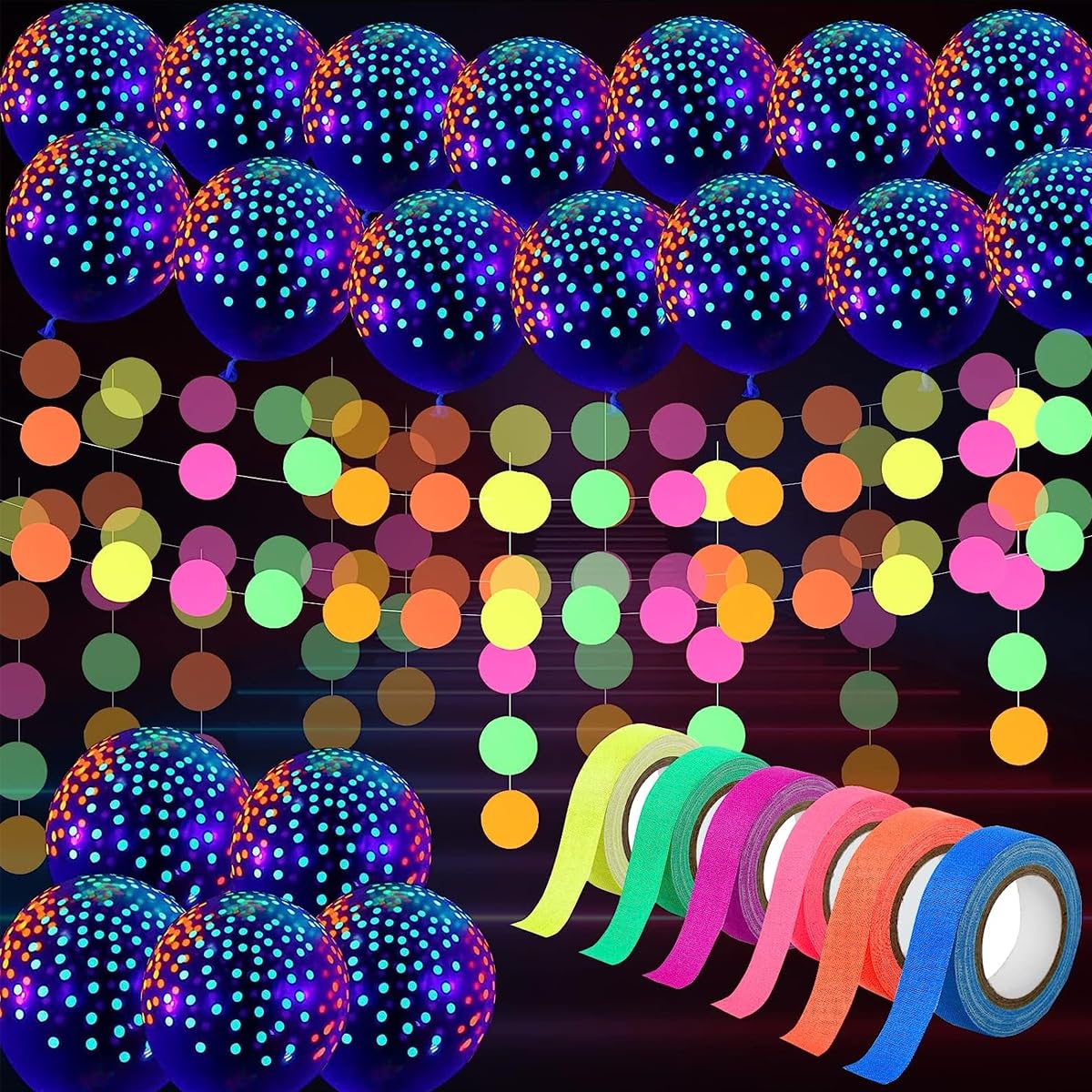 HASTHIP Neon Glow Birthday Party Supplies, Glow Party Neon Party Supply Set, 6Rolls Luminous Tape and 25Pcs Fluorescent Neon Balloon for Blacklight Glow in the Dark Neon Birthday Decorations HASTHIP Neon Glow Birthday Party Supplies, Glow Party Neon Party Supply Set, 6Rolls Luminous Tape and 25Pcs Fluorescent Neon Balloon for Blacklight Glow in the Dark Neon Birthday Decorations